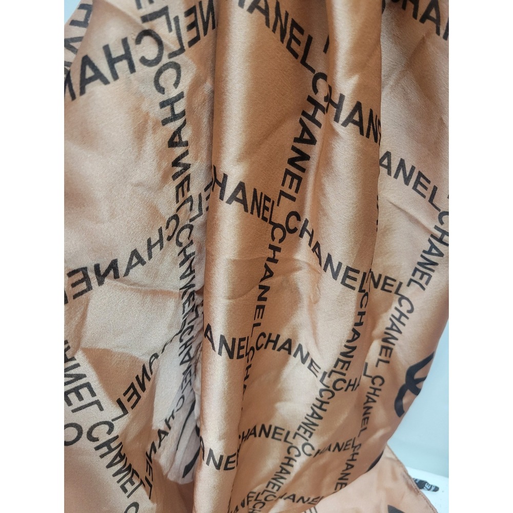 Chanel Silk Scarf CC Logo Print Beige Made in France Luxury Accessory 72x36 - Picture 6 of 7